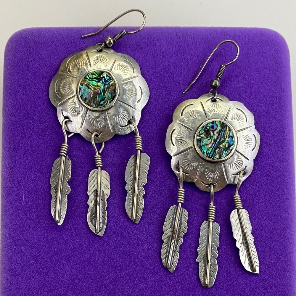 💛 Vintage Silver Alpaca Abalone Inlay Feather Dangle Earrings